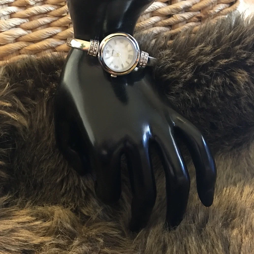 Ladies shiny silver rhinestone accent cuff watch